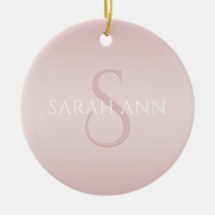 Ornamento De Cerâmica Elegante Nome & Monograma Ombre Rosa Blush Moderno
