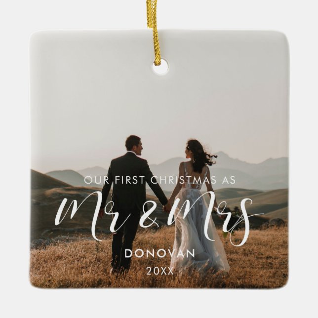Ornamento De Cerâmica Elegante Nossa Primeira Foto De Natal (Frente)
