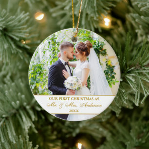 Ornamento De Cerâmica Elegante Nossa Primeira Foto Dourada 2 de Natal