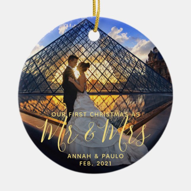 Ornamento De Cerâmica Elegante Ouro Nosso Primeiro Natal Sr. Photo (Frente)