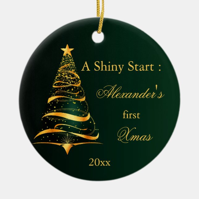 Ornamento De Cerâmica Elegante Ouro Tree Baby Primeiro Natal (Frente)