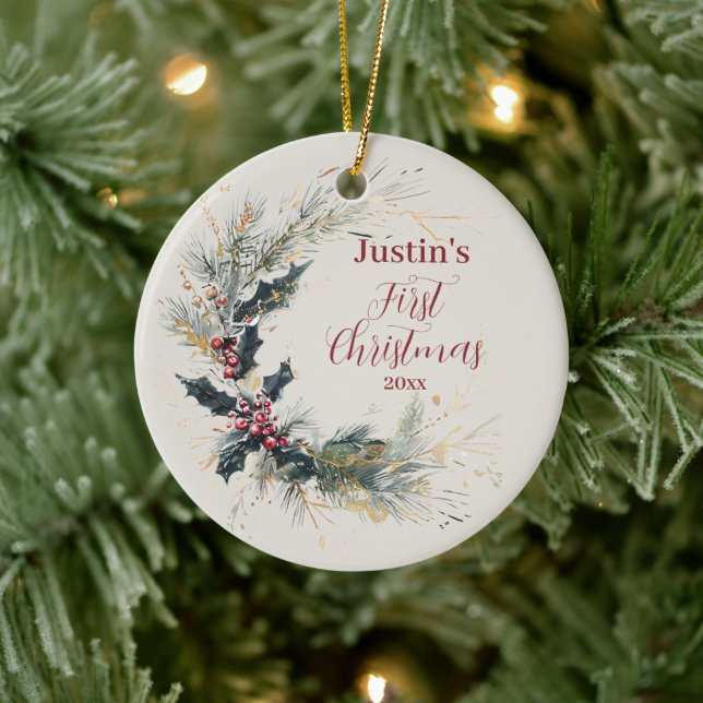 Ornamento De Cerâmica Elegante Pine e Holly Wreath com Destaques Dourado (Árvore)