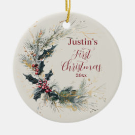 Ornamento De Cerâmica Elegante Pine e Holly Wreath com Destaques Dourado