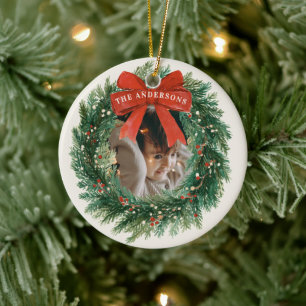 Ornamento De Cerâmica Elegante Plaid Xmas Natal Nome da Família