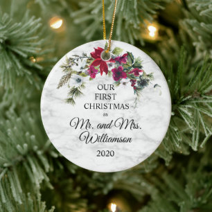 Ornamento De Cerâmica Elegante Poinsettia Pine Primeiro Natal Casado