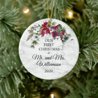 Ornamento De Cerâmica Elegante Poinsettia Pine Primeiro Natal Casado