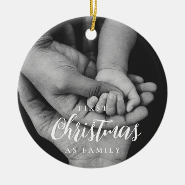 Ornamento De Cerâmica Elegante Primeiro Natal como Foto da Família (Frente)