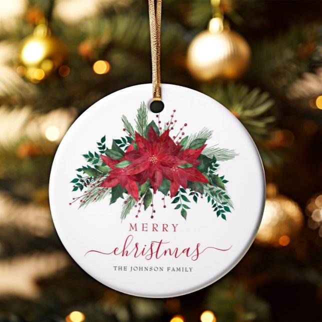Ornamento De Cerâmica Elegante Red Poinsettia Floral Feliz Natal (Elegant Red Poinsettia Floral Merry Christmas Ceramic Ornament)