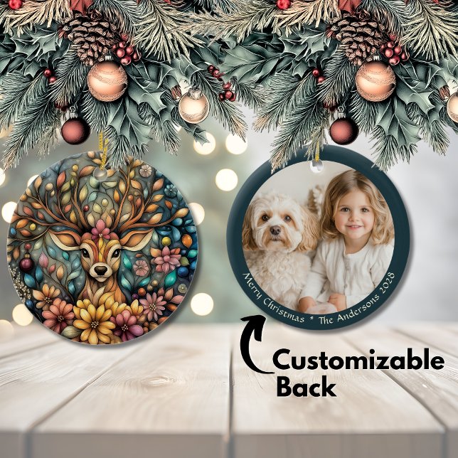 Ornamento De Cerâmica Elegante Reindeer Natal Personalizável (Elegant Reindeer Christmas Customizable Ceramic Ornament)