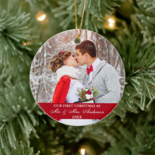 Ornamento De Cerâmica Elegante Roteiro Nosso Primeiro Vermelho De Natal