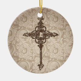 Ornamento De Cerâmica Elegante Scroll Christian Cross w/Swirl Fundo