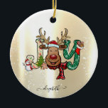 Ornamento De Cerâmica Elegante Shiny,Faux Dourado,Reindeer,Snowman<br><div class="desc">Uma rena bonita e um boneco de neve em fundo de ouro falso.</div>