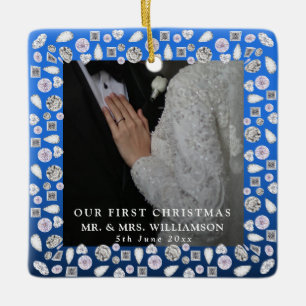 Ornamento De Cerâmica Elegante Silver Blue Heart Diamond Primeiro Natal