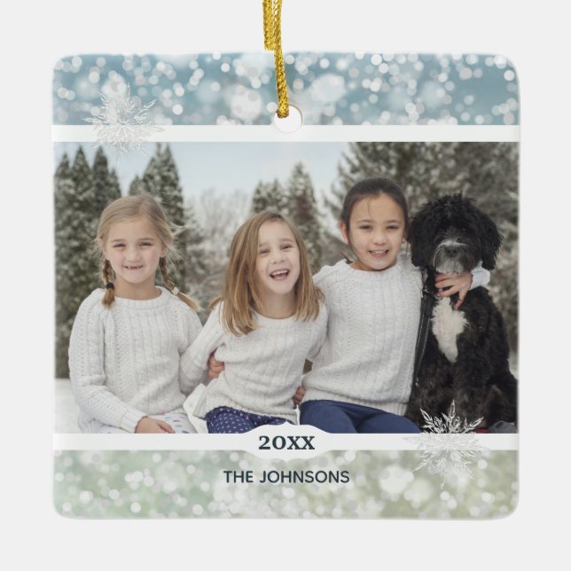 Ornamento De Cerâmica Elegante Snowflake Crystal Bokeh (Frente)