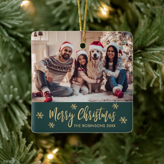 Ornamento De Cerâmica Elegante Snowflake Green e Dourado Natal (Árvore)