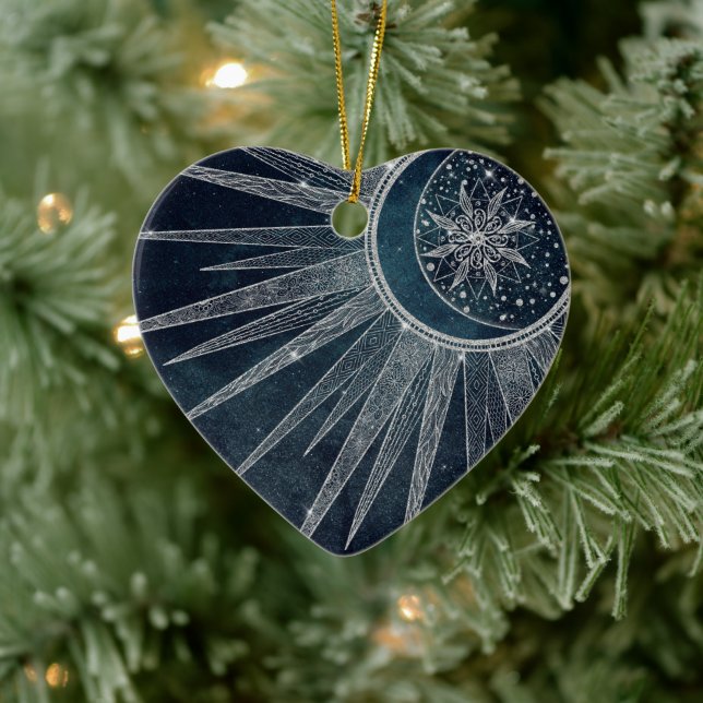 Ornamento De Cerâmica Elegante Sun Moon Doodle Mandala Blue Design (Árvore)