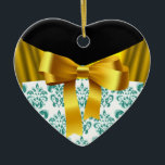 ORNAMENTO DE CERÂMICA ELEGANTE TEAL BRANCO DAMASK DOURADO MONOGRAMA<br><div class="desc">Monograma do coração elegante com flores azuis brancas aqua azul damask e arcos amarelos ouros para Natal Feriado,  Dia de os namorados,  aniversário,  casamento,  salvar a data,  noivado romântico,  chás de panela.</div>