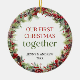 Ornamento De Cerâmica Elegante vermelho e verde Nosso Primeiro Natal