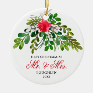 Ornamento De Cerâmica Elegante Watercolor Greenery Newlyweds Sr. & Sra.