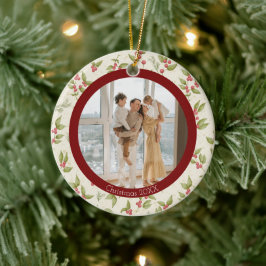 Ornamento De Cerâmica Elegante Watercolor Mistletoe, Família Red Frame