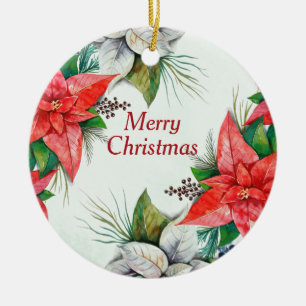 Ornamento De Cerâmica Elegante Watercolor Red Poinsettia Floral Natal