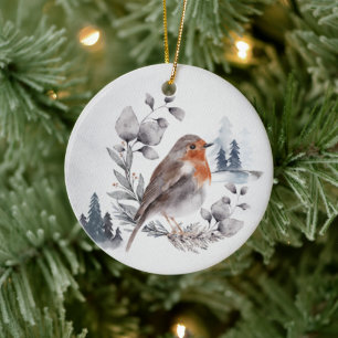 Ornamento De Cerâmica Elegante Watercolor Winter American Robin