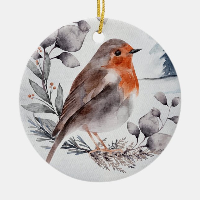 Ornamento De Cerâmica Elegante Watercolor Winter American Robin (Frente)
