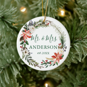Ornamento De Cerâmica Elegante Watercolor Wreath Floral de inverno Novo