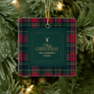 Ornamento De Cerâmica Elegante Xadrez Tartan Feliz Natal Nome da Família