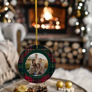 Ornamento De Cerâmica Elegante Xadrez Tartan Feliz Natal Nome da Família