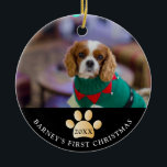 Ornamento De Cerâmica Elegany Black and Dourado Dog's First Christmas Ph<br><div class="desc">Enfeite bonito para celebrar o primeiro Natal do seu cachorro. Personalize-o com a sua imagem favorita e o nome do seu animal de estimação. Isto também é excelente como presente de Natal. Personalize com o ano também. A foto é exibida tanto na frente quanto no verso. Mais opções no nosso...</div>