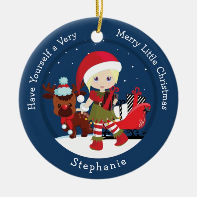 Ornamento De Cerâmica Elf de Menina Loura (Frente)