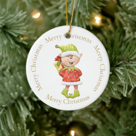 Ornamento De Cerâmica Elf de Natal com Presente
