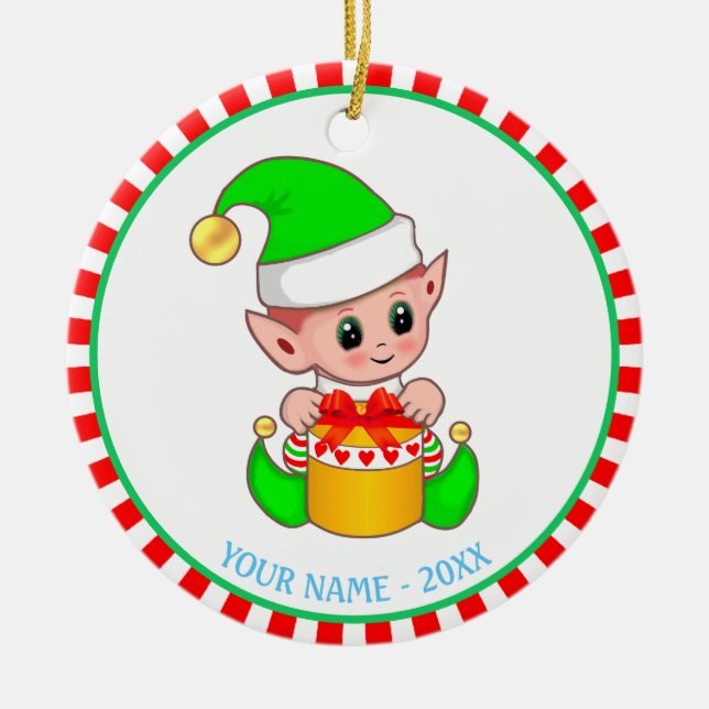 Ornamento De Cerâmica Elf de Natal e Nome Personalizado (Frente)