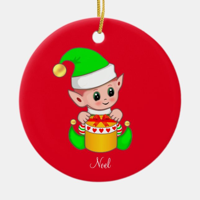 Ornamento De Cerâmica Elf de Natal em Vermelho (Frente)