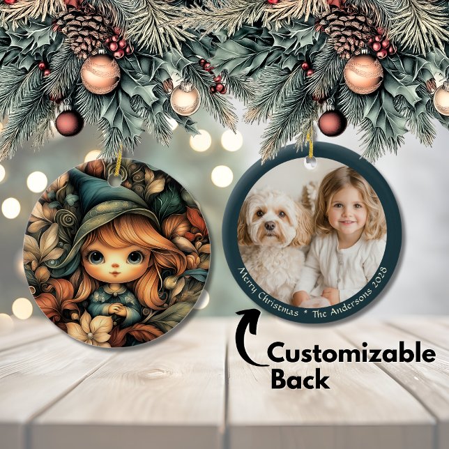 Ornamento De Cerâmica Elf de Natal Mágico personalizável (Magical Christmas Elf Customizable Ceramic Ornament)