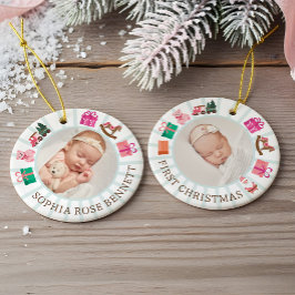 Ornamento De Cerâmica Elf Toy Factory Baby's First Pink Christmas Photo