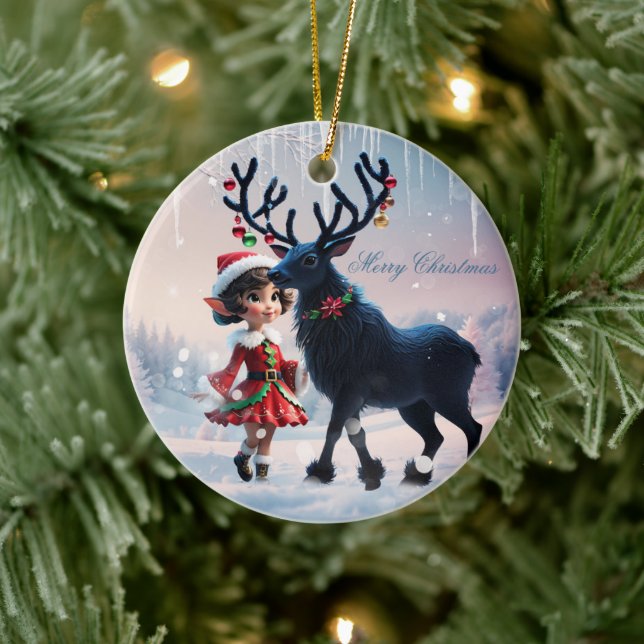 Ornamento De Cerâmica Elfo de Natal bonito e renas escuras. (Árvore)