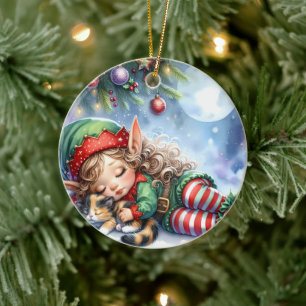 Ornamento De Cerâmica Elfo de Natal com Calico Kitten
