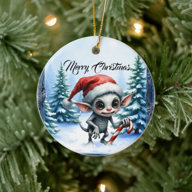 Ornamento De Cerâmica Elfo de Natal com Candy Cane. (Árvore)