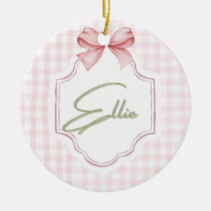 Ornamento De Cerâmica Ellie Personalizado Arco Rosa & Gingham Impressão