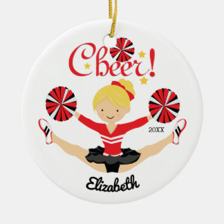 Ornamento De Cerâmica Elogio preto & vermelho cheerleader louro