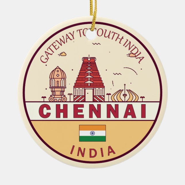 Ornamento De Cerâmica Emblem Skyline Cidade de Chennai Índia (Frente)