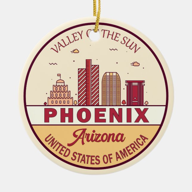 Ornamento De Cerâmica Emblem Skyline da Cidade de Phoenix Arizona (Frente)