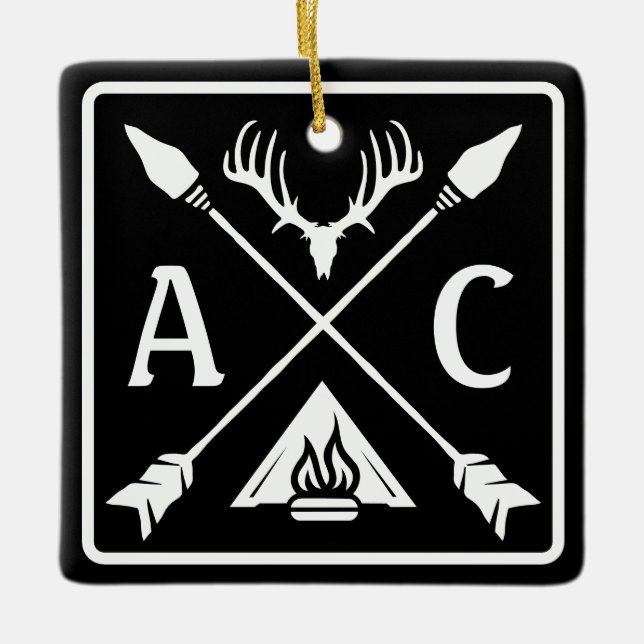 Ornamento De Cerâmica Emblema Rustic Outdoor Initials (Frente)