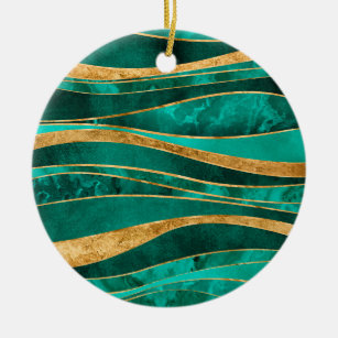 Ornamento De Cerâmica Emerald Green - Abstrato de onda metálica Dourada