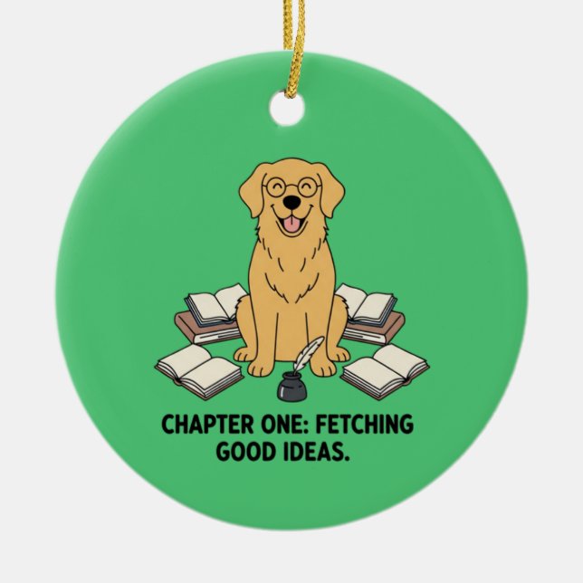 Ornamento De Cerâmica Emerald Green Golden Retriever Book Lover Writer's (Frente)
