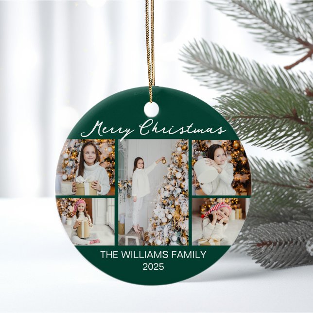 Ornamento De Cerâmica Emerald Green Merry Christmas Photo Collage (Criador carregado)