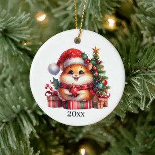 Ornamento De Cerâmica Encaixe o Hamster adicione data e mensagem Natal