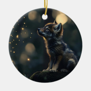 Ornamento De Cerâmica Encantando Lobo Bebê Assistindo Vagalumes